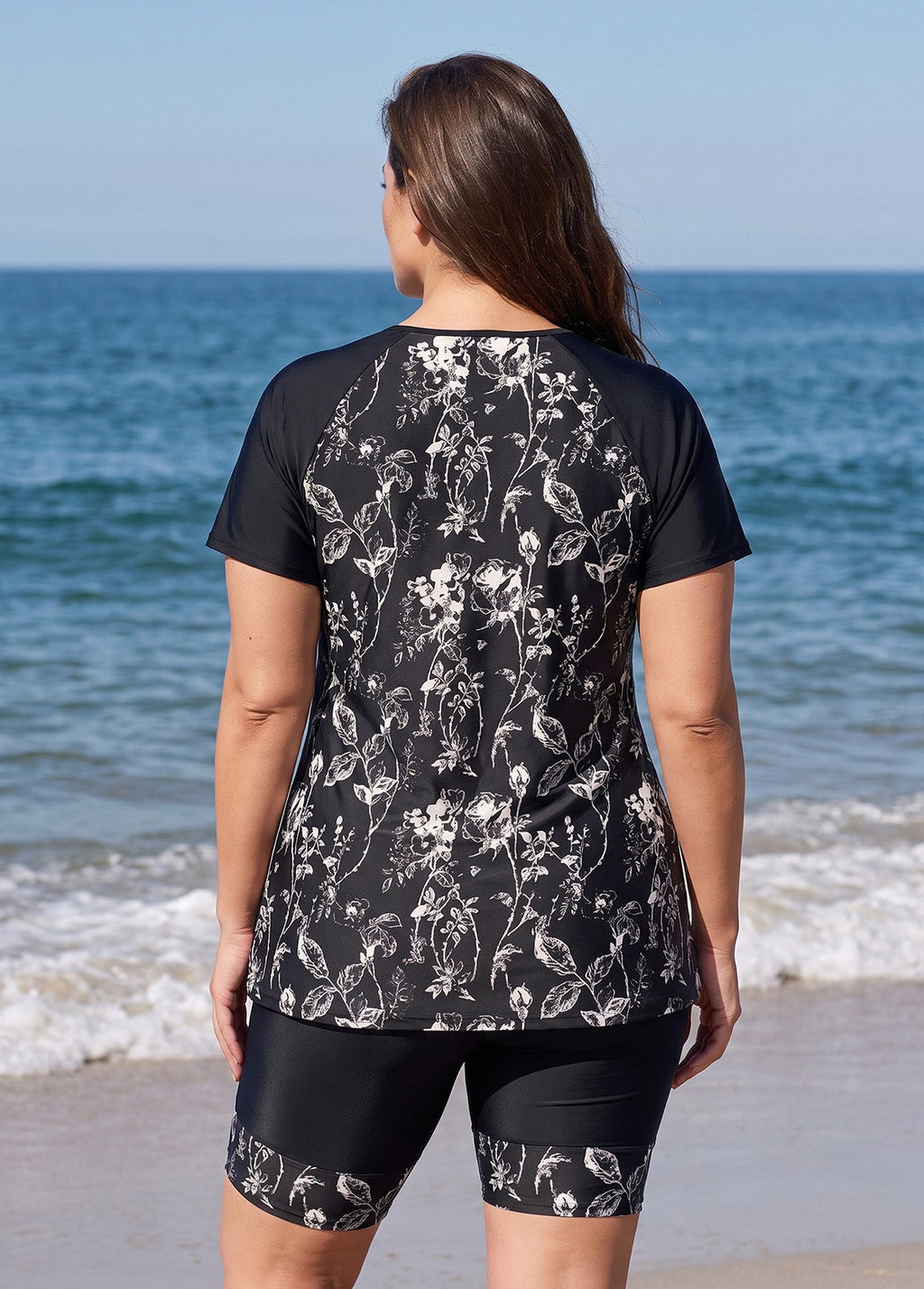 Black Floral High Neck UPF50+ Short Sleeves Plus Size Women's Swimsuit Two Piece Tankini Set