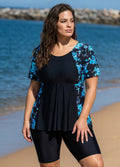 Plus Size Blue Floral Upf50+ Short Sleeves Modest Women's Swimsuit Shirt Tankini Top
