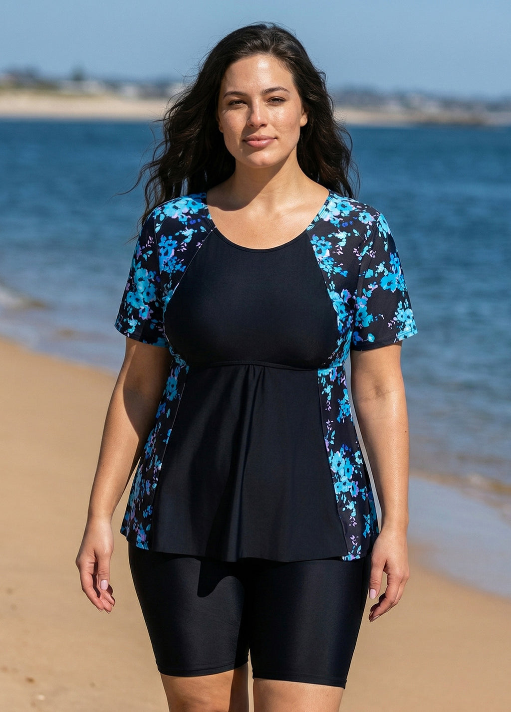 Plus Size Blue Floral Upf50+ Short Sleeves Modest Women's Swimsuit Shirt Tankini Top