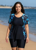 Plus Size Blue Floral Upf50+ Short Sleeves Modest Women's Swimsuit Shirt Tankini Top
