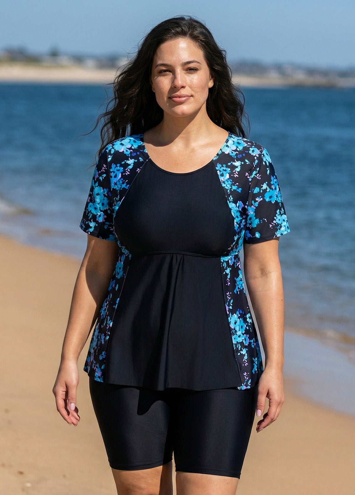 Plus Size Blue Floral Upf50+ Short Sleeves Modest Women's Swimsuit Shirt Tankini Top