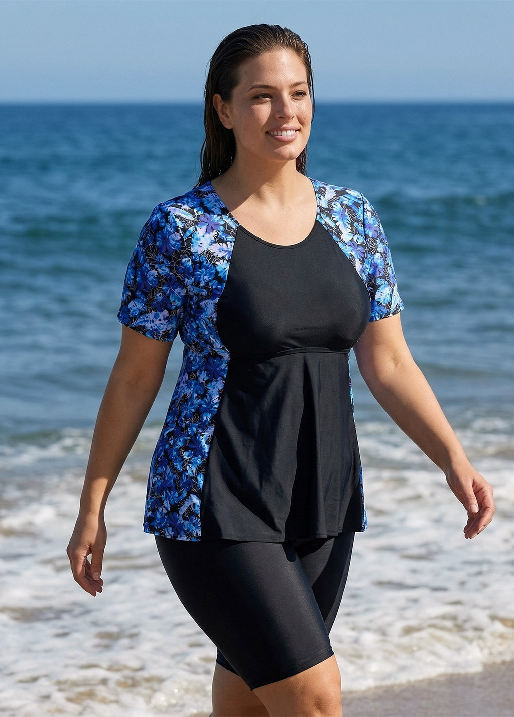 Curvy Blue Tropical Plants Upf50+ Short Sleeves Vintage Women's Swimsuit Shirt Tankini Top
