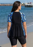 Curvy Blue Tropical Plants Upf50+ Short Sleeves Vintage Women's Swimsuit Shirt Tankini Top