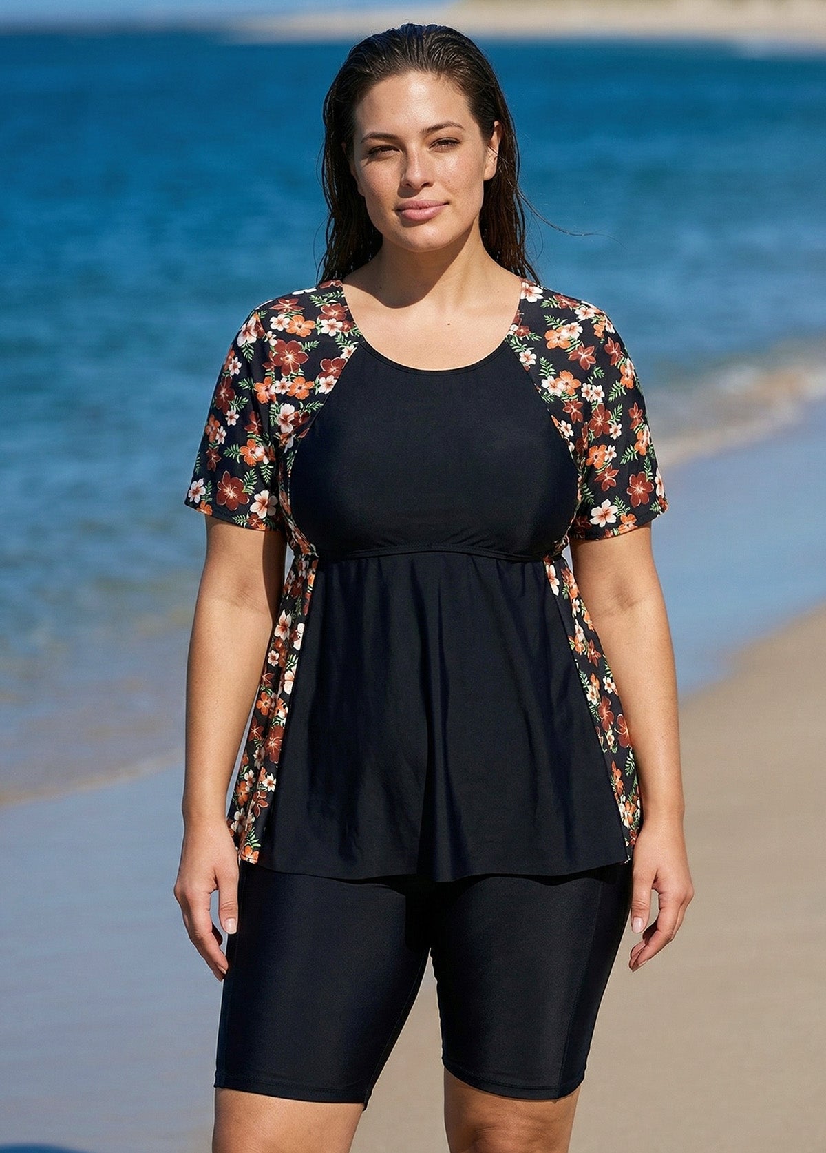 Black Floral Print Upf50+ Short Sleeves Vintage Plus Size Swimsuit Tankini Top