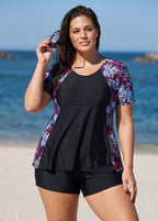 Curvy Purple Leaf UPF50+ Short Sleeves Flattering Women's Swimsuit Tankini Top