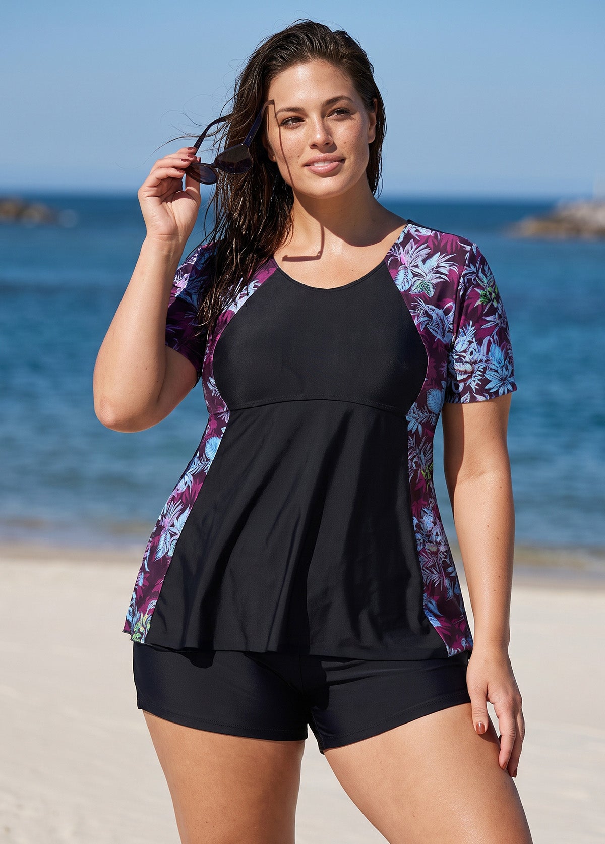 Curvy Purple Leaf UPF50+ Short Sleeves Flattering Women's Swimsuit Tankini Top