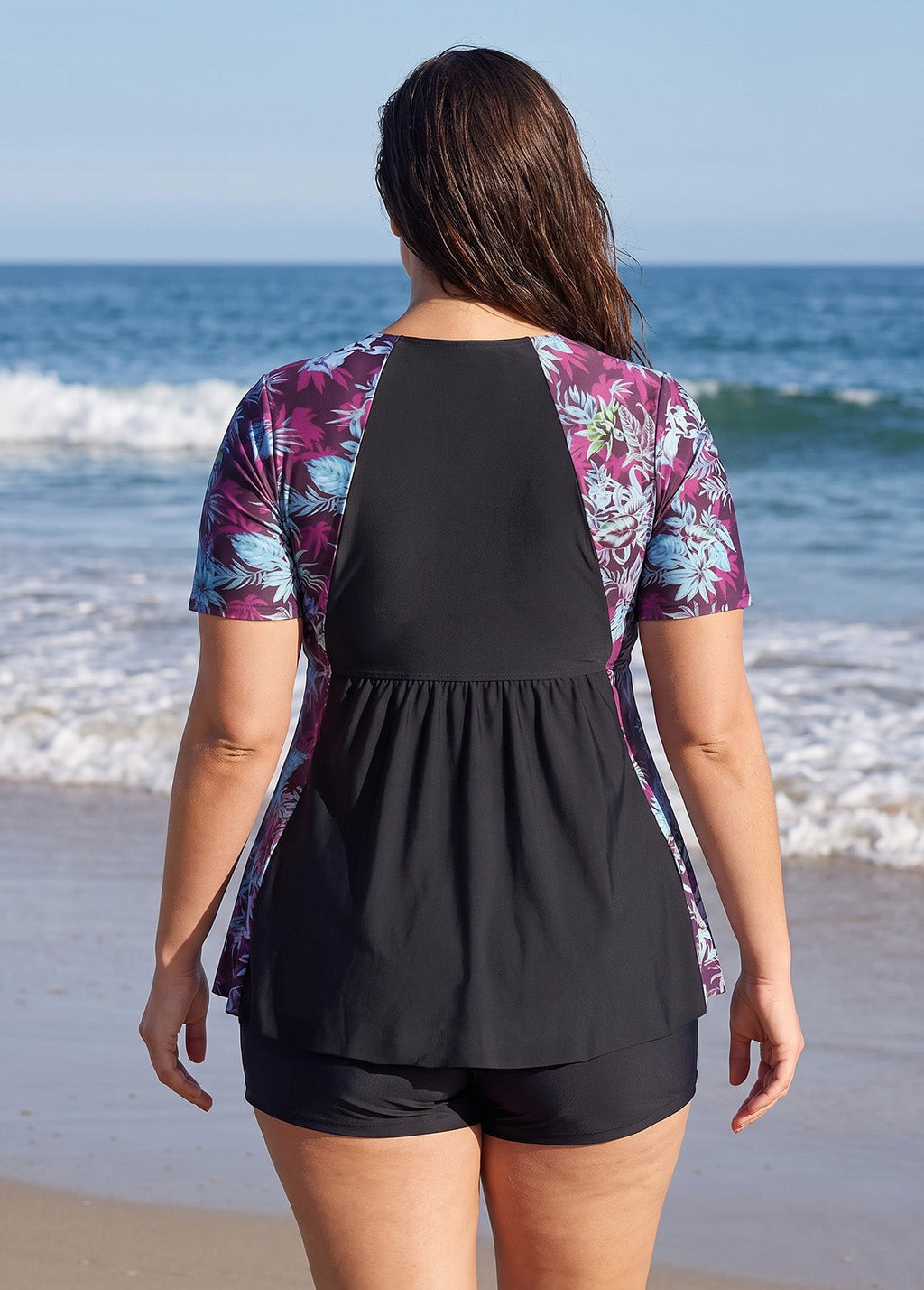 Curvy Purple Leaf UPF50+ Short Sleeves Flattering Women's Swimsuit Tankini Top