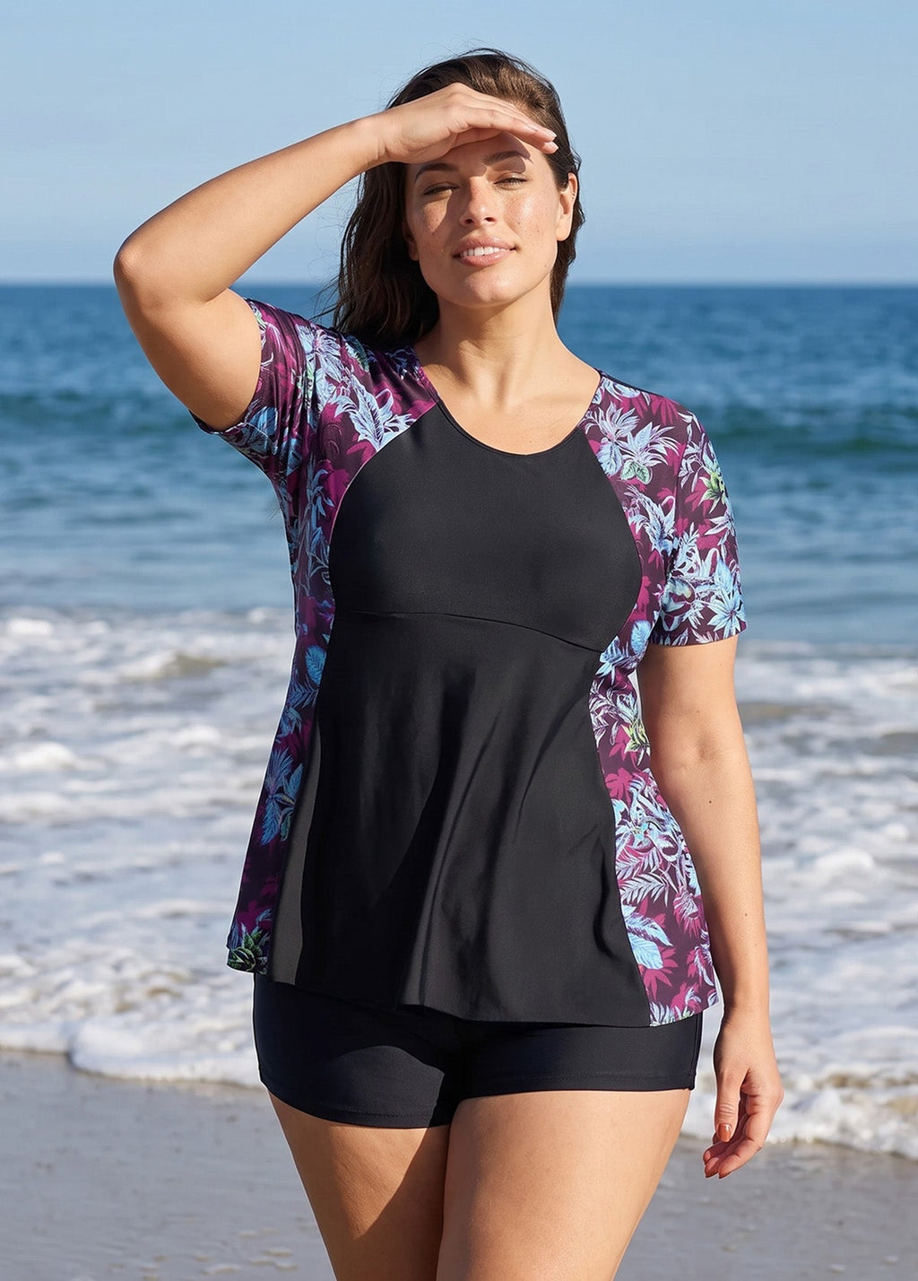 Curvy Purple Leaf UPF50+ Short Sleeves Flattering Women's Swimsuit Tankini Top