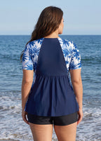 Plus Size Navy Palm Tree Print UPF50+ Short Sleeve Flattering Women's Swimsuit Tankini Top