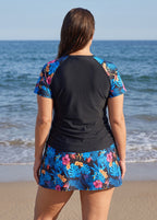 Black Floral Print Side Drawstring Plus Size Tankini Top