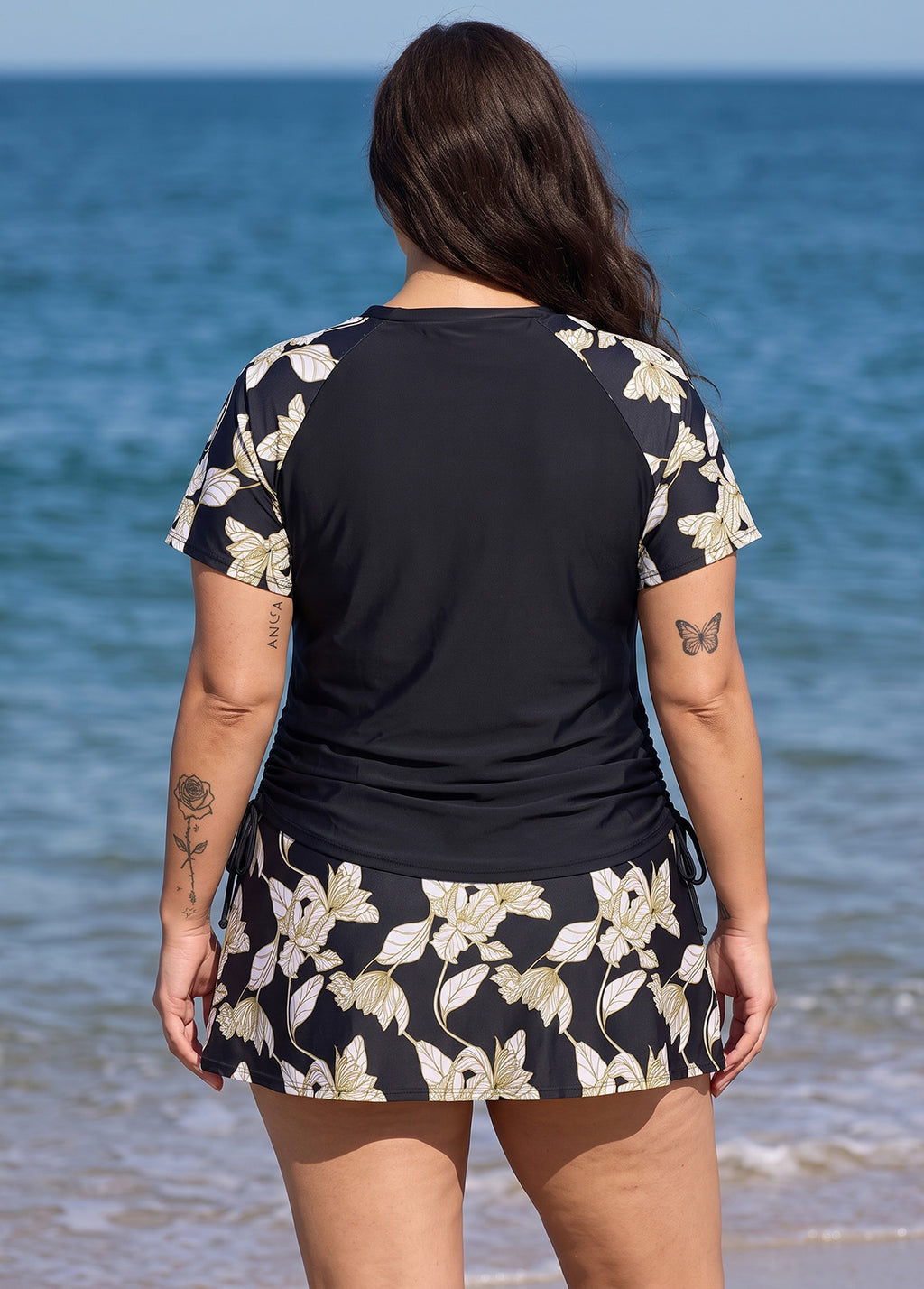 Curvy Black Leaf Upf50+ Short Sleeves Padded Side Drawstring Women's Swimsuit Tankini Top