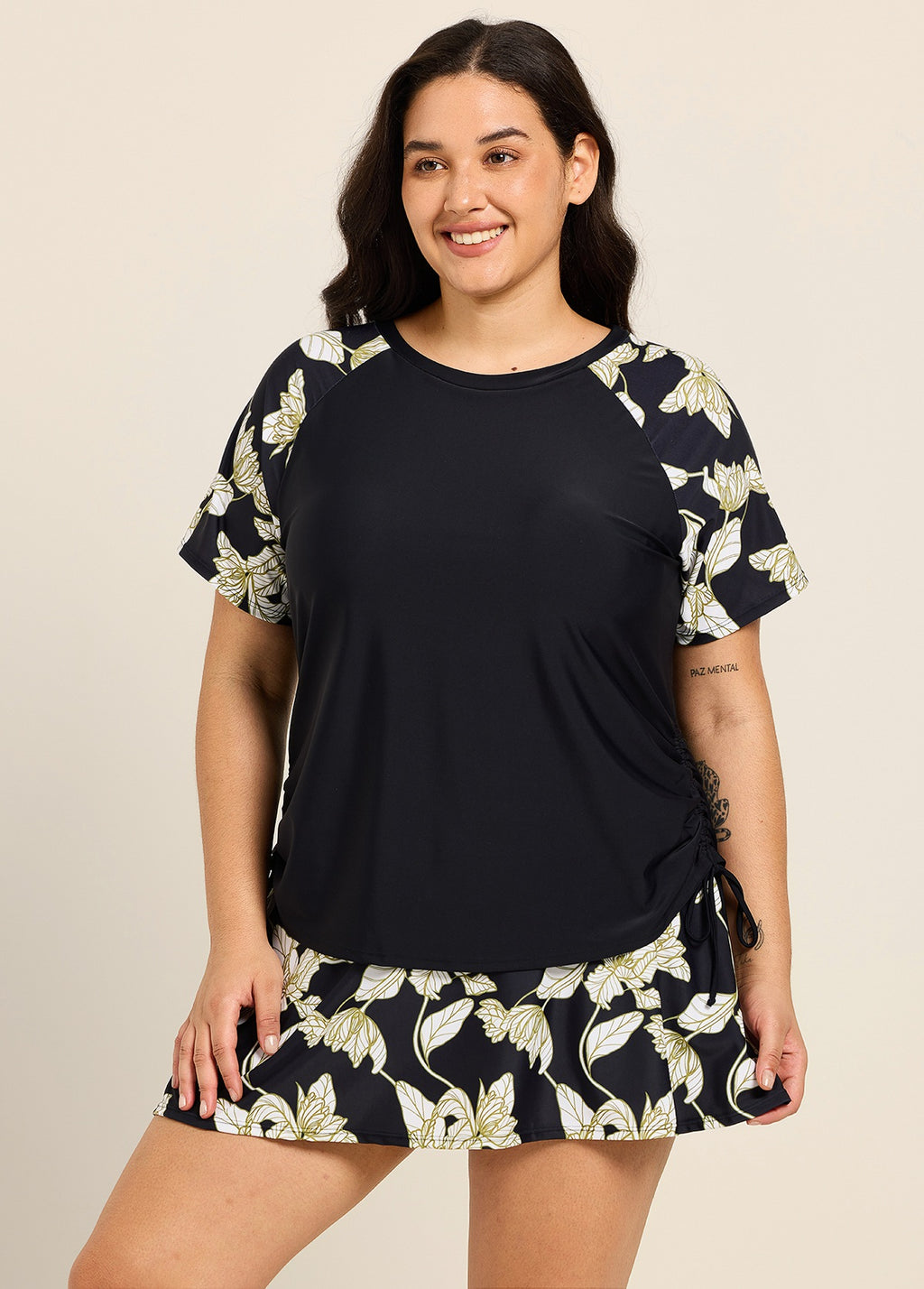Curvy Black Leaf Upf50+ Short Sleeves Padded Side Drawstring Women's Swimsuit Tankini Top