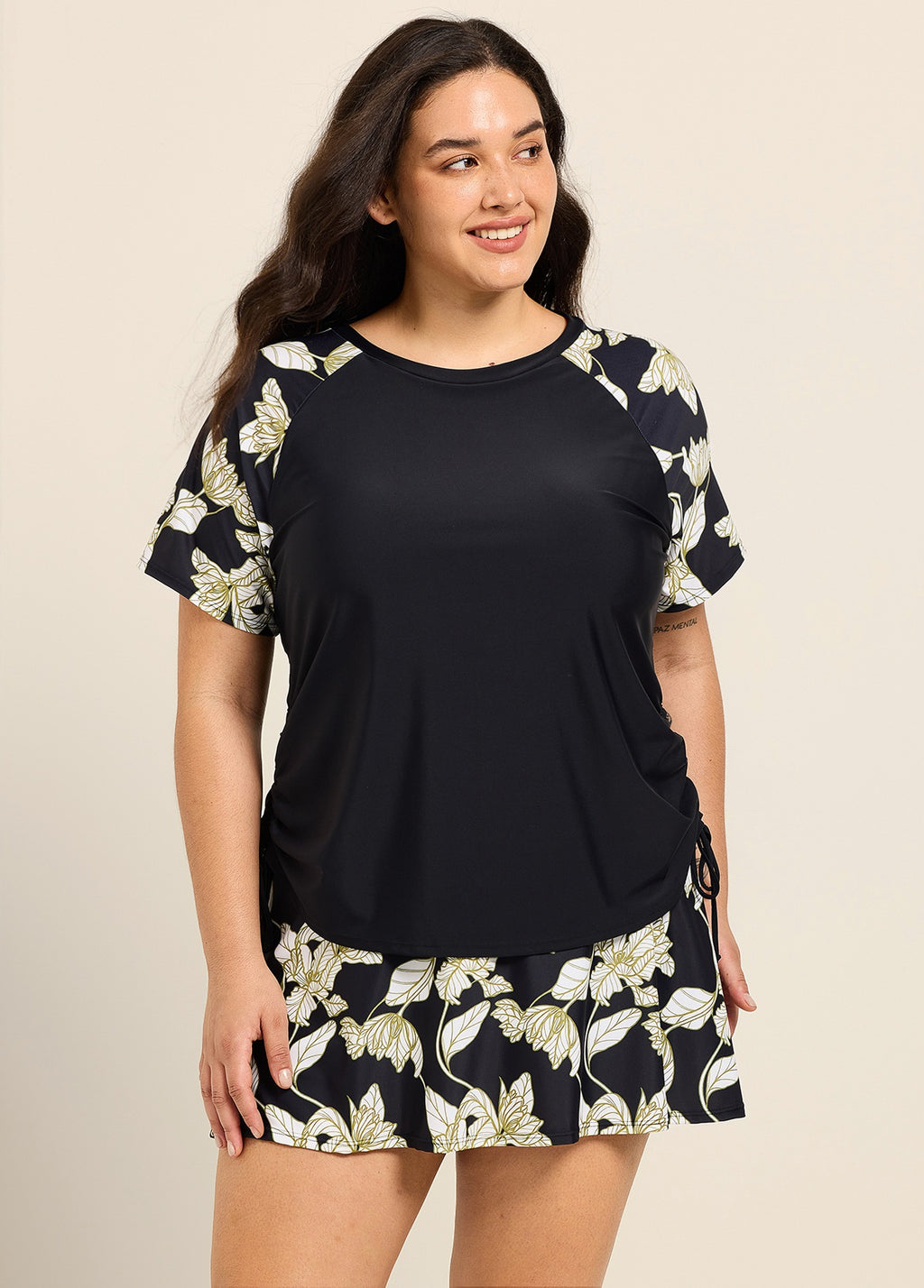 Curvy Black Leaf Upf50+ Short Sleeves Padded Side Drawstring Women's Swimsuit Tankini Top