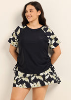 Curvy Black Leaf Upf50+ Short Sleeves Padded Side Drawstring Women's Swimsuit Tankini Top