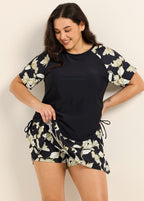 Curvy Black Leaf Upf50+ Short Sleeves Padded Side Drawstring Women's Swimsuit Tankini Top