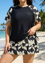 Curvy Black Leaf Upf50+ Short Sleeves Padded Side Drawstring Women's Swimsuit Tankini Top