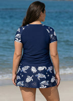 Curvy Navy Turtle Print Upf50+ Short Sleeves Vintage Side Drawstring Swimsuit Tankini Top
