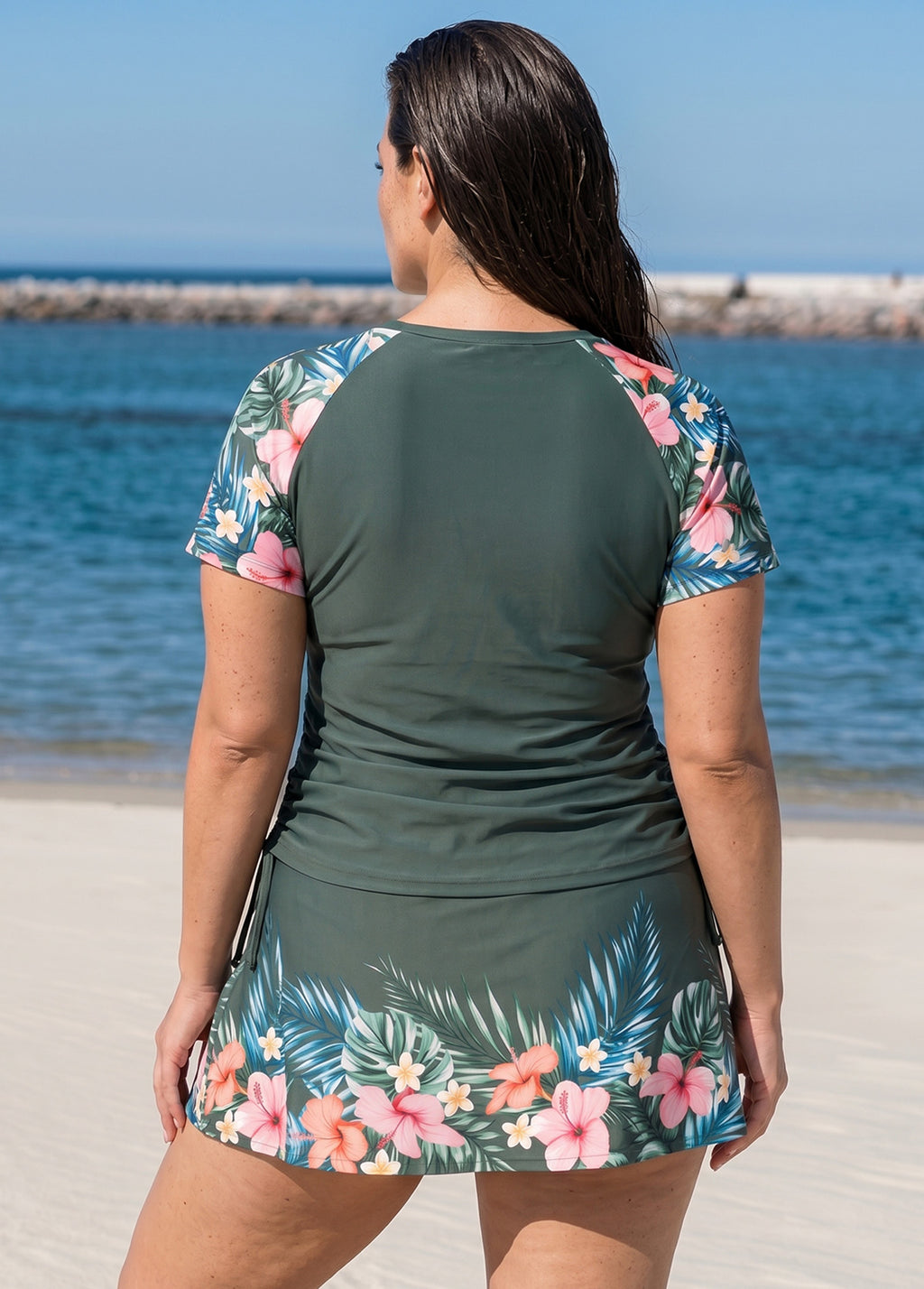 Plus Size Green Floral UPF50+ Short Sleeves Modest Side Drawstring Swimsuit Tankini Top