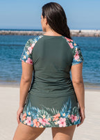 Plus Size Green Floral UPF50+ Short Sleeves Modest Side Drawstring Swimsuit Tankini Top