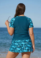 Blue Floral UPF50+ Short Sleeves Vintage Side Drawstring Curvy Swimsuit Tankini Top
