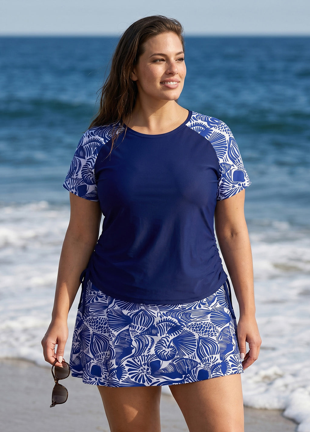 Curvy Navy Leaf UPF50+ Short Sleeves Flattering Side Drawstring Swimsuit Tankini Top