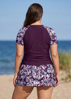 Purple Leaf High Neck UPF50+ Short Sleeves Side Drawstring Curvy Swimsuit Tankini Top