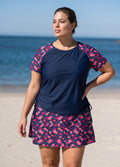 Plus Size Pink Floral Print High Neck UPF50+ Short Sleeves Side Drawstring Swimsuit Tankini Top