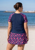 Plus Size Pink Floral Print High Neck UPF50+ Short Sleeves Side Drawstring Swimsuit Tankini Top