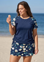 Curvy Navy Floral Print High Neck UPF50+ Short Sleeves Side Drawstring Swimsuit Tankini Top