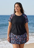 Curvy Black Paisley High Neck UPF50+ Short Sleeves Modest Side Drawstring Tankini Top