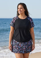 Curvy Black Paisley High Neck UPF50+ Short Sleeves Modest Side Drawstring Tankini Top