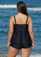 Black Scoop Neck Cutout Edge Plus Size Modest Tankini Swimsuit Top