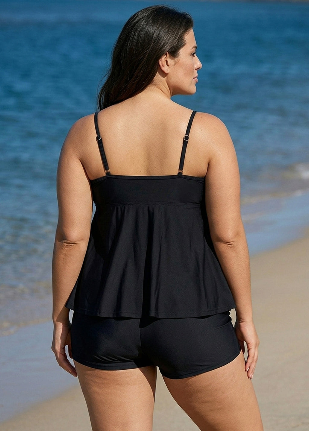Black Cutout Edge Scoop Neck Plus Size Tankini Top