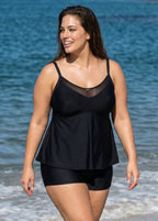 Black V-Neck Chest Mesh Plus Size Modest Fashion Tankini Swimsuit Top