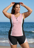 Pink And Black Color Block Sporty Zip Front Plus Size Two Piece Bathing Suits Tankini Set