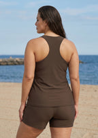 Curvy Brown Color Block Sporty Zip Front Swimsuit Two Piece Bathing Suits Tankini Set