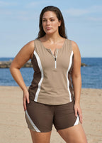 Curvy Brown Color Block Sporty Zip Front Swimsuit Two Piece Bathing Suits Tankini Set