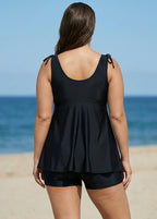 Black Wide Straps Wrap Curvy Two Piece Bathing Suits Tankini Top
