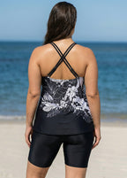 Plus Size Black Tropical Floral Print High Neck Modest Women's Swimsuit Tankini Top