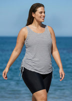 Curvy Black Stripe Drawstring Color Block Women'S Swimsuit Tankini Top