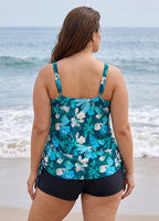 Blue Tropical Floral Scoop Neck Sleeveless Modest Drawstring Plus Size Swimsuit Tankini Top