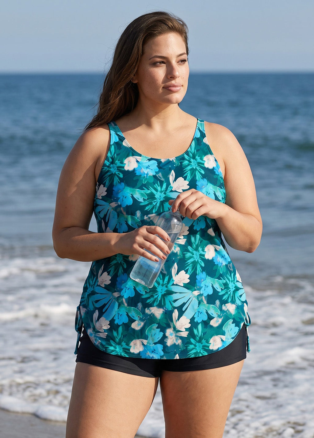 Blue Tropical Floral Scoop Neck Sleeveless Modest Drawstring Plus Size Swimsuit Tankini Top