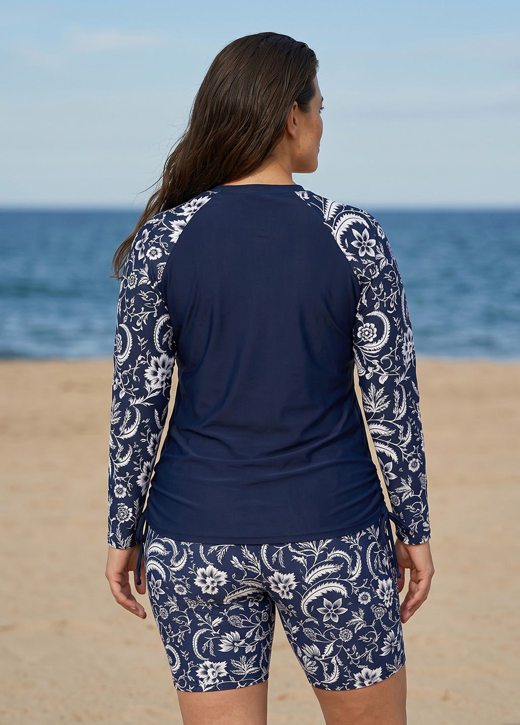 Plus Size Navy Floral High Neck UPF50+ Long Sleeves Drawstring Women's Swimsuit Tankini Top