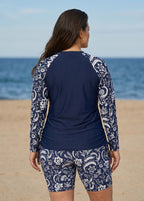 Plus Size Navy Floral High Neck UPF50+ Long Sleeves Drawstring Women's Swimsuit Tankini Top