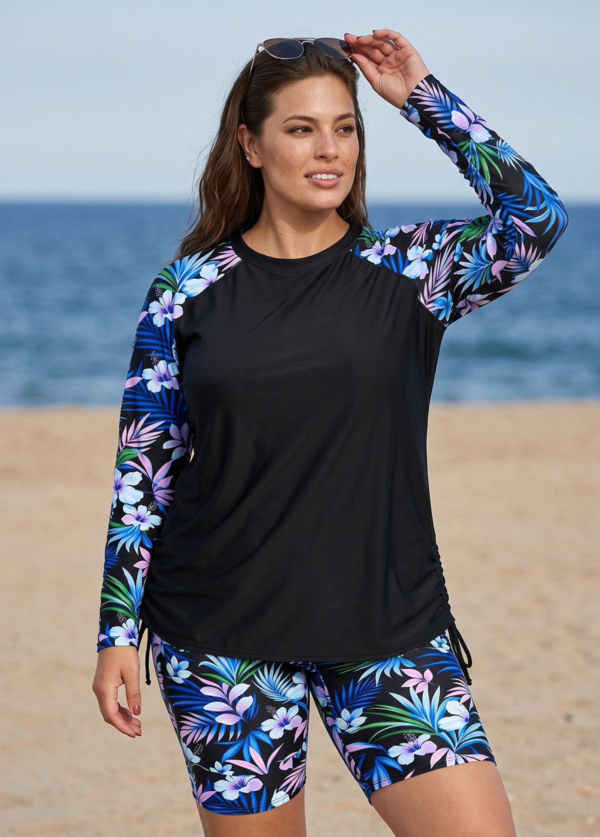 Black Tropical Floral High Neck UPF50+ Raglan Long Sleeve Drawstring Plus Size Tankini Top