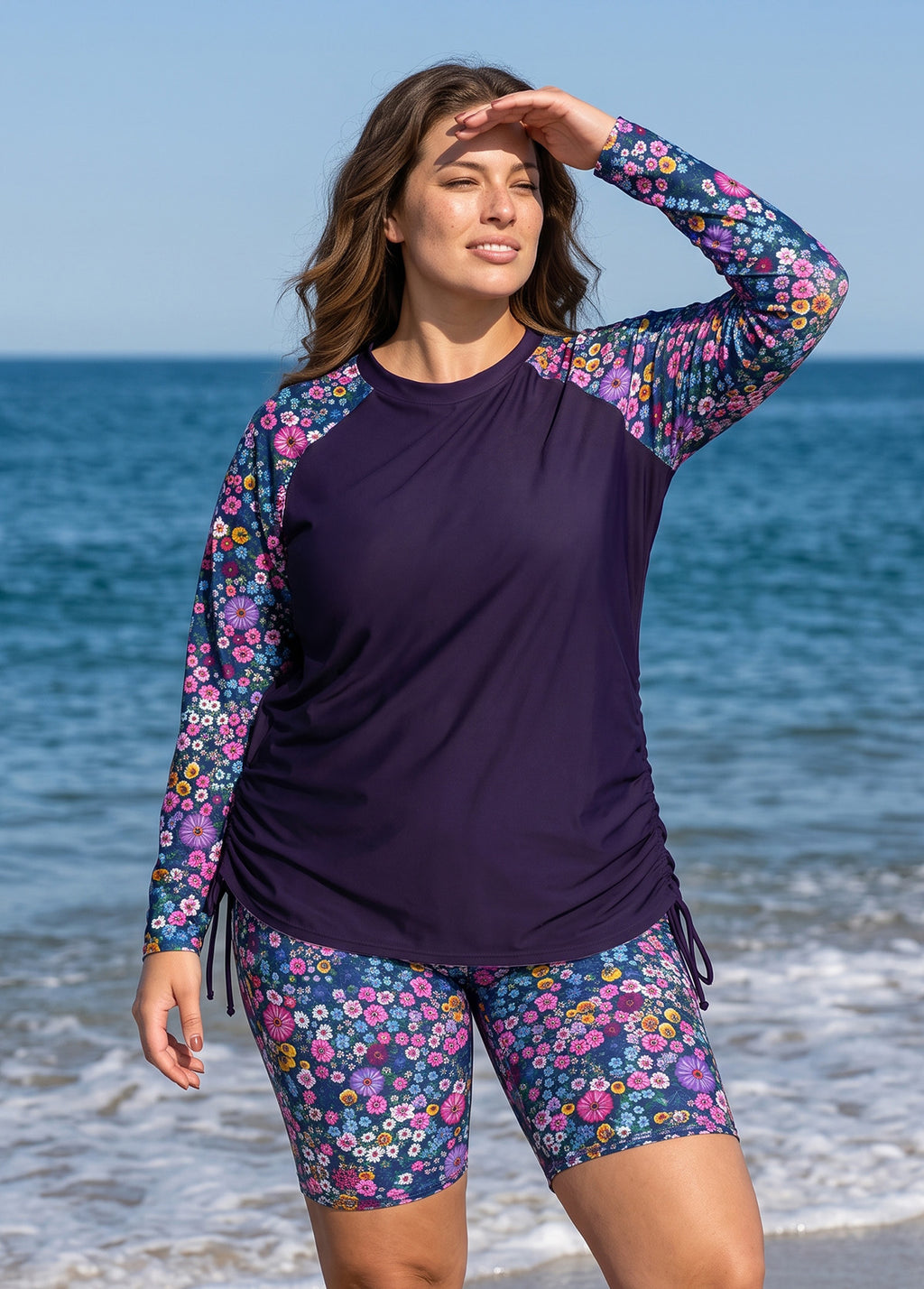 Purple Floral Print High Neck UPF50+ Raglan Long Sleeve Drawstring Curvy Tankini Top