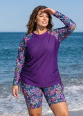 Purple Floral Print High Neck UPF50+ Raglan Long Sleeve Drawstring Curvy Tankini Top