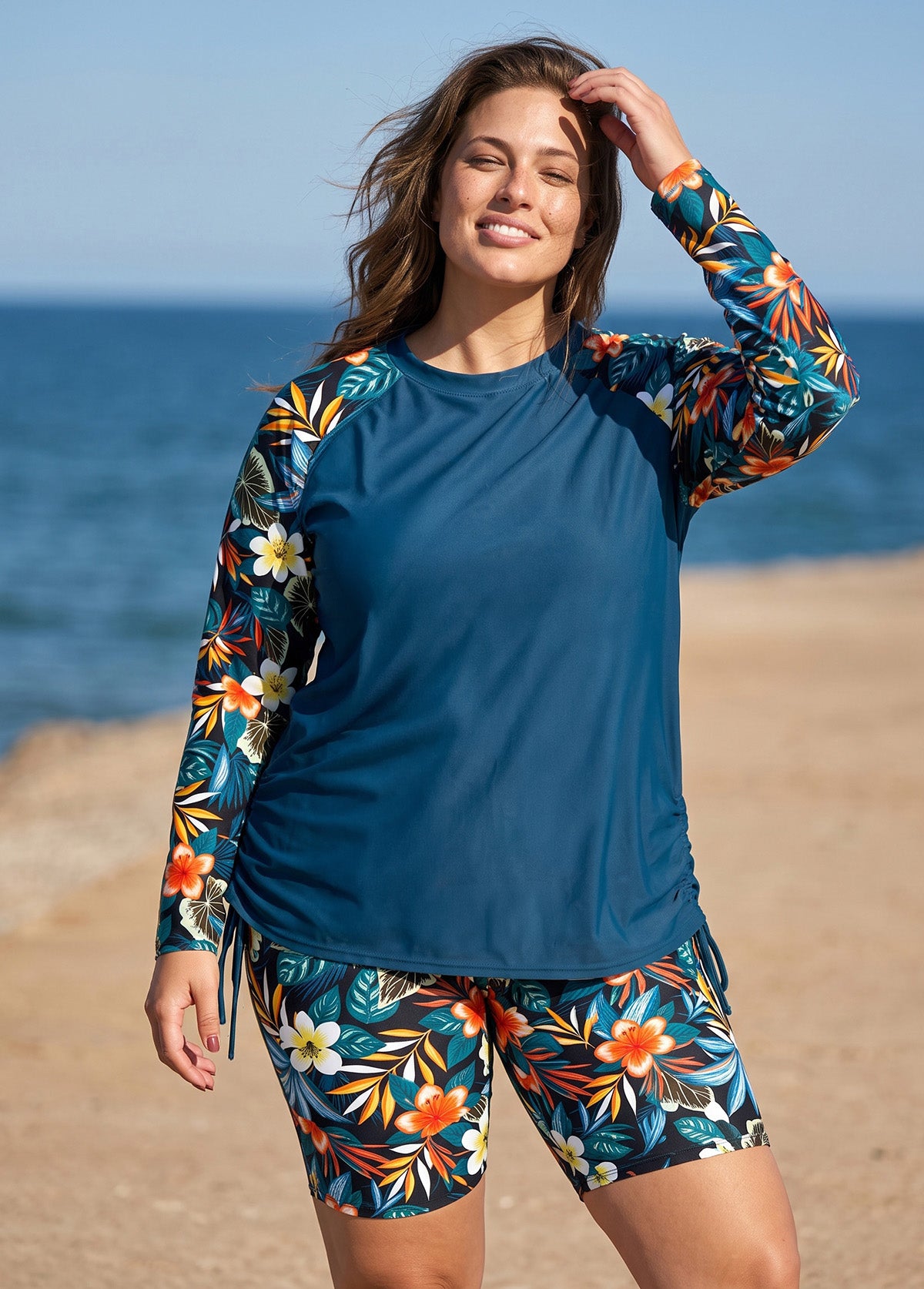 Plus Size Green Tropical Floral High Neck UPF50+ Raglan Long Sleeve Drawstring Tankini Top