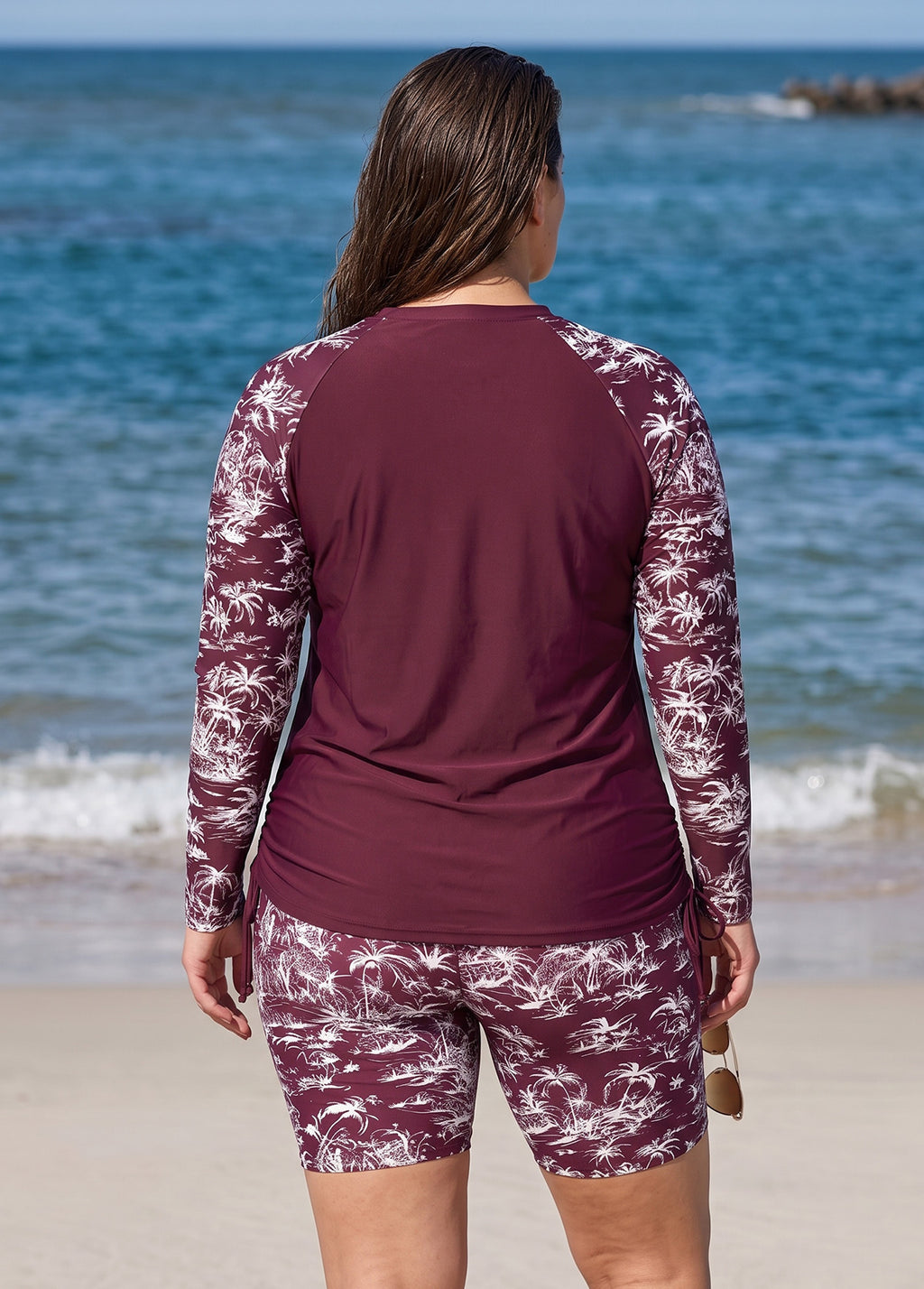 Curvy Red Palm Print High Neck UPF50+ Raglan Long Sleeve Drawstring Swimsuit Tankini Top