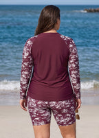 Curvy Red Palm Print High Neck UPF50+ Raglan Long Sleeve Drawstring Swimsuit Tankini Top